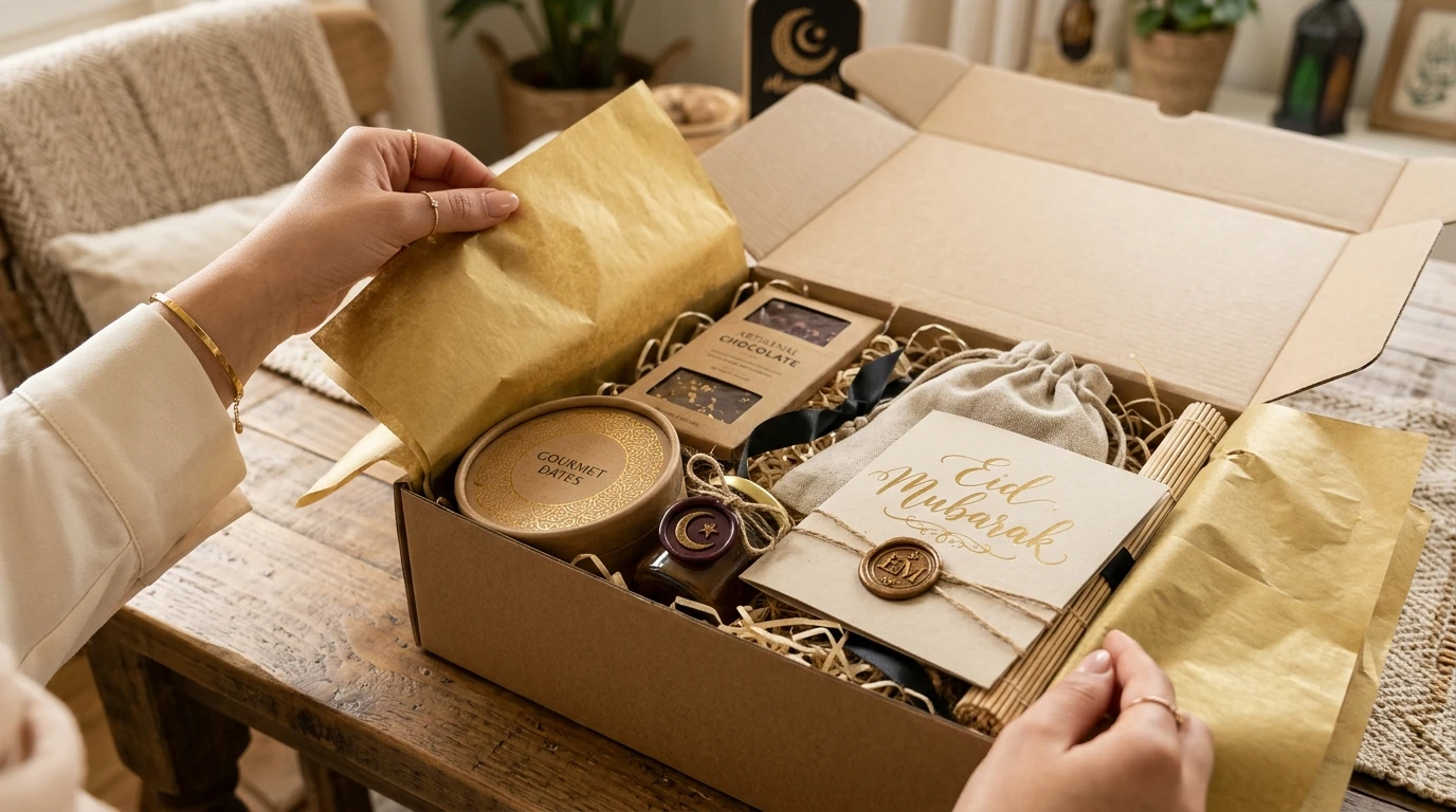 Unboxing Experience Kemasan Hampers Lebaran Premium dengan Kertas Emas dan Segel Lilin